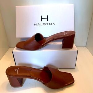 New Halston Brown Leather Mules with Block Heel